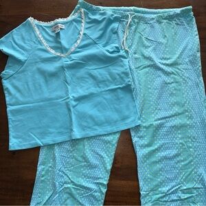 Planet Sleep Womens Blue 2 Piece Pajama Shirt and Pants Set Lace V-neck XL